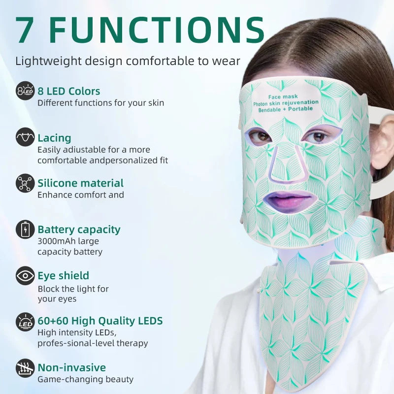 LED Light Therapy Face & Neck Mask 8 Colors Professional Anti-Aging & Acne Treatment