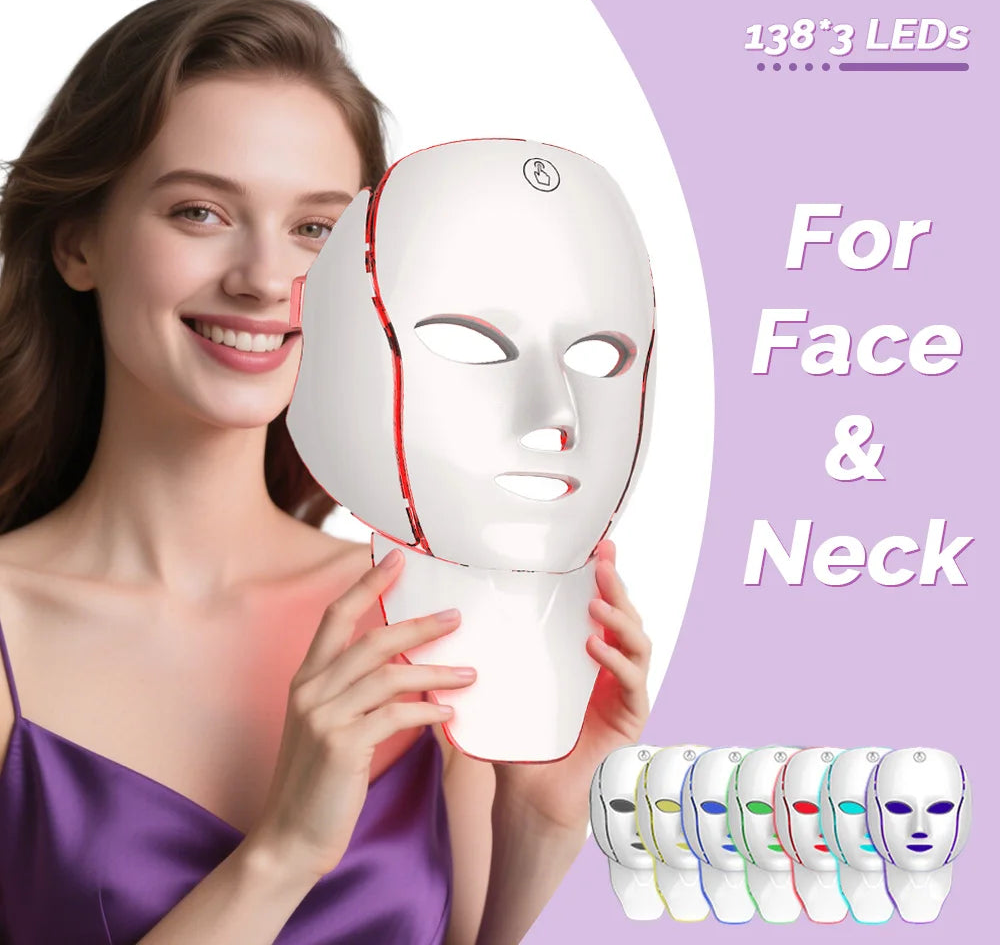قناع تجميل للوجه والرقبة بسبعة ألوان، مزود بتقنية LED احترافية مضادة للشيخوخة، علاج ضوئي منزلي